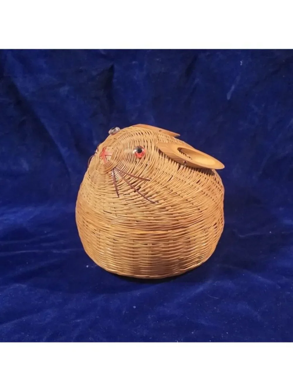 Vintage Woven Wicker Lidded Bunny Basket with Ceramic Liner 4.5